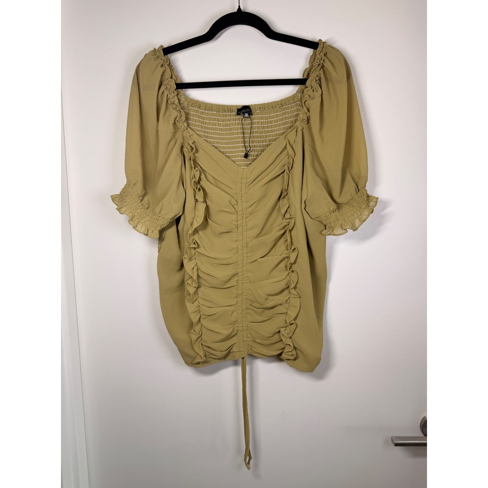 Zenobia Ruffle Ruched Top Womens 2XL Olive NWT Smocked Back ZB11692